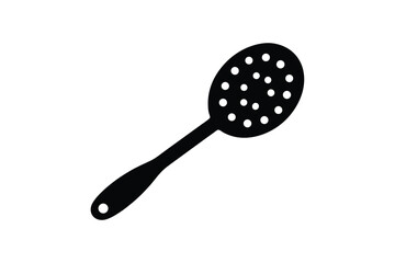 Silhouette design of a slotted spoon with a round head and small holes.eps