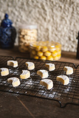 Homemade peanut cakes with snow sugar or putri salju cake, Eid al-Fitr, eid mubarak celebration. indonesian traditional food.	