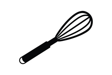 Silhouette design of a whisk with curved wires extending from a sturdy handle.eps