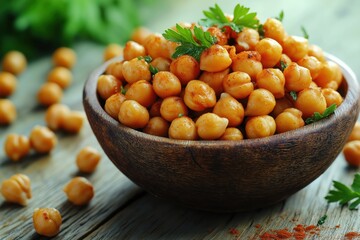 A rustic bowl overflows with golden, spiced roasted chickpeas, glistening with warmth