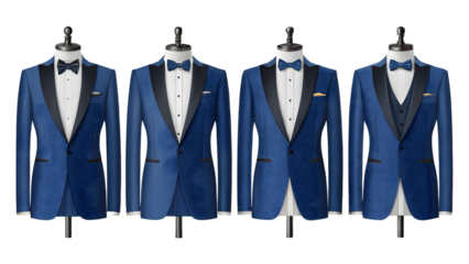 Elegant midnight blue velvet tuxedos with a unique wave pattern, showcased on mannequins against a stark white background, exuding sophistication and timeless style.