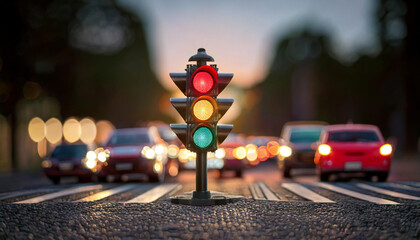 Miniature Road Safety Concept with Toy Cars and a Stoplight at Night