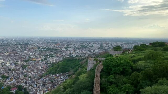 A breathtaking view of Jaipur city as seen from Nahargarh Fort, Rajasthan, India, offering a stunning blend of historical charm and urban landscape.