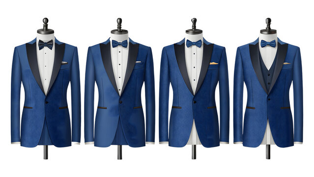 Elegant midnight blue velvet tuxedos with a unique wave pattern, showcased on mannequins against a stark white background, exuding sophistication and timeless style.
