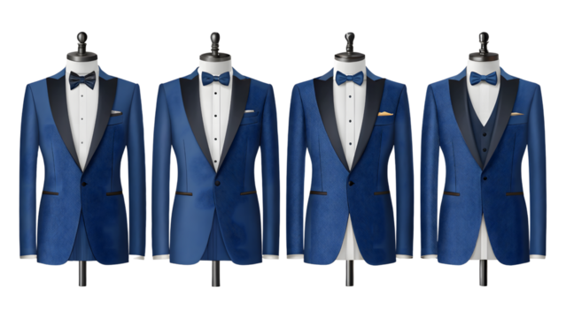 Elegant midnight blue velvet tuxedos with a unique wave pattern, showcased on mannequins against a stark white background, exuding sophistication and timeless style.