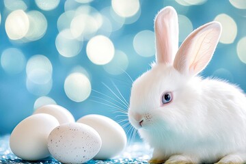 A festive spring scene is complete with an adorable white rabbit and a mix of colorful eggs