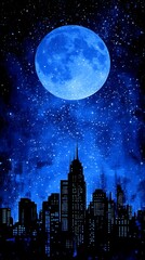 A blue moon shines over a silhouetted city at night
