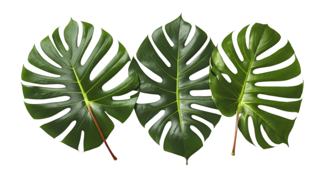 Lush tropical monstera leaves arranged in a vibrant, natural composition against a clean white backdrop.