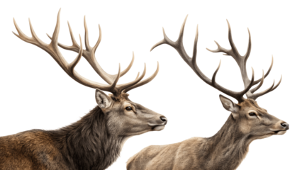Majestic red deer stags, side by side, showcasing their impressive antlers against a clean white background.