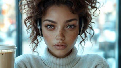 Beautiful young woman with freckles and curly hair enjoys coffee and music. The illustration suits cover art, posters, presentations, banners, blogs, and editorial use.