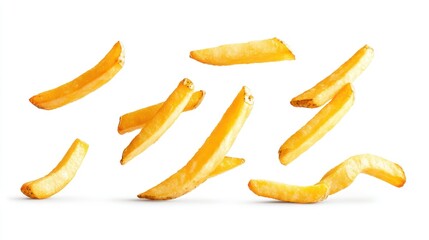 Collection of French Fries Falling Isolated on White