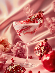 Pomegranate Cocktail in Elegant Glass with Pink Silk Background and Floral Decor
