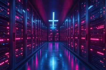 Data center illuminated by vibrant blue and pink lights showcasing server technology and infrastructure