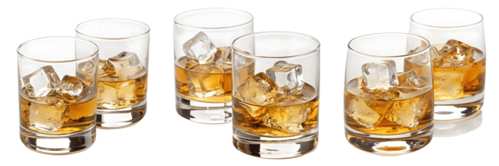 Six glasses of amber whiskey on the rocks, a sophisticated toast to camaraderie and good times, captured with crisp clarity against a bright white backdrop.