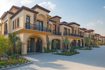 Fototapeta premium New residential community features modern villas with gardens in a sunny neighborhood