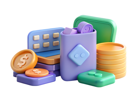 Isometric illustration of coins and wallet representing finance and money management concepts