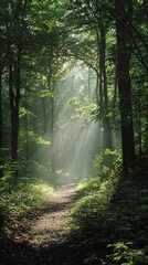 Obraz premium Serene forest path bathed in sunlight a tranquil woodland trail perfect for hiking or peaceful walks Discover nature's beauty in this sunlit forest scene
