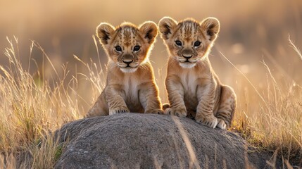 Obraz premium Playful lion cubs bask in sunlight atop a rocky perch, gazing directly at the camera. A heartwarming wildlife moment