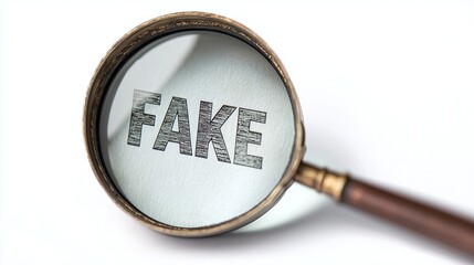 Magnifying glass focusing on fake word, revealing fake news concept