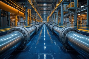 Obraz premium Industrial facility with large metallic pipes and bright lighting throughout the production area