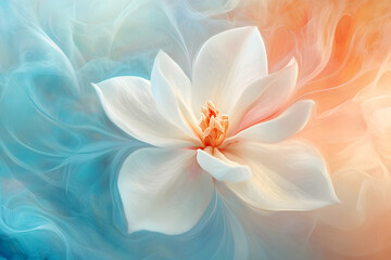 Fototapeta premium A beautiful white flower blooms with colorful airy ethereal backgrounds
