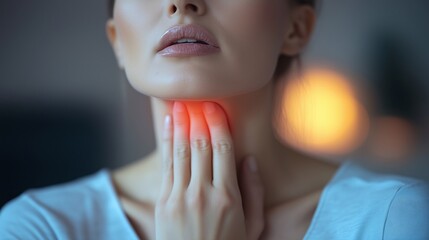 Woman wincing, hand pressed against throat, indicating painful swallowing and neck discomfort during illness