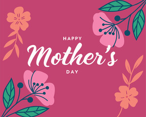 Happy Mother's Day Greeting with Stylized Teal and White Flowers on Pink.