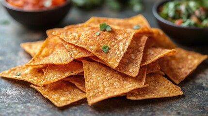 Crunchy tortilla chips seasoned and ready to be dipped in salsa, guacamole, or cheese sauce