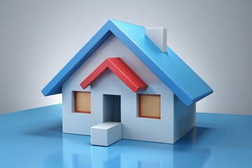 A charming little house, a symbol of new beginnings and homeownership dreams, sits serenely on a reflective blue surface, bathed in soft, even light.