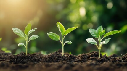 Fototapeta premium Three small green plants sprout from dark soil with a blurred background.
