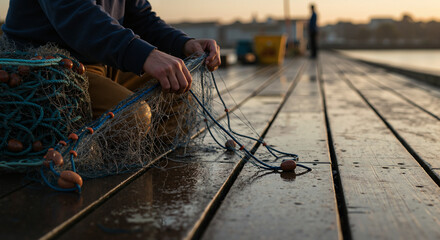 Fisherman repairing nets on a wooden pier at sunset  