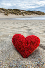 Fototapeta premium A knitted heart rests on sandy beach, with a serene ocean backdrop under a cloudy sky.