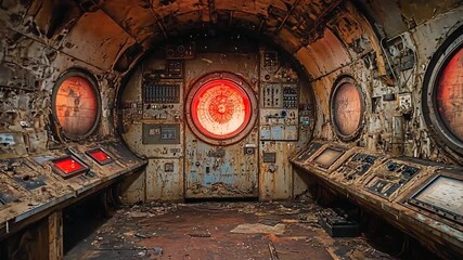 Abandoned industrial control room, rusty, dimly lit.  Possible stock photo use Interior, machinery, decay, future - Powered by Adobe
