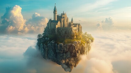 Fototapeta premium Majestic medieval castle atop a floating island amidst a sea of ethereal clouds