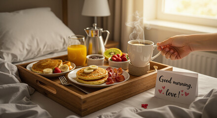 Romantic breakfast tray in bed with coffee and pancakes  