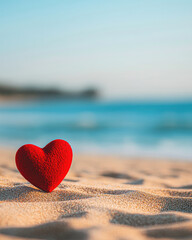 Fototapeta premium A red heart-shaped stone rests on a sandy beach with a tranquil ocean backdrop.