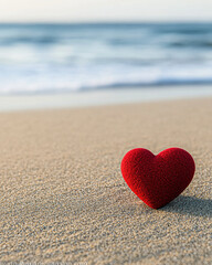 Fototapeta premium A red heart-shaped stone rests on a sandy beach with a blurred ocean background.