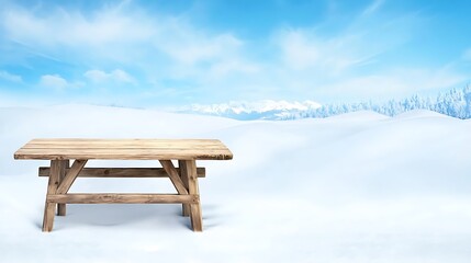 Empty wooden table displaying winter wonderland landscape with snow and mountains