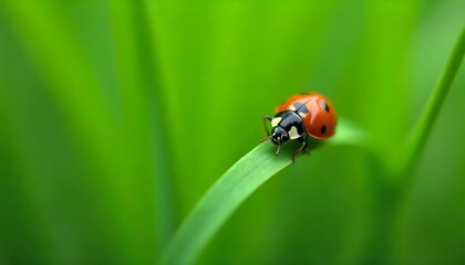 Fototapeta premium A macro photograph captures a ladybug perched on a blade of grass, set against a backdrop of lush greenery