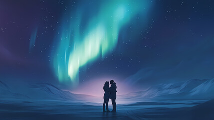 Fototapeta premium Couple embraces the magic of the aurora borealis in a serene snowy landscape under a starry sky. Aurora Embrace. Illustration