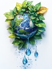 Nature's symphony: Earthly blues meet verdant greens in a harmonious illustration of our planet, with a river flowing from a faucet into the vast ocean, symbolizing the interconnectedness of all life