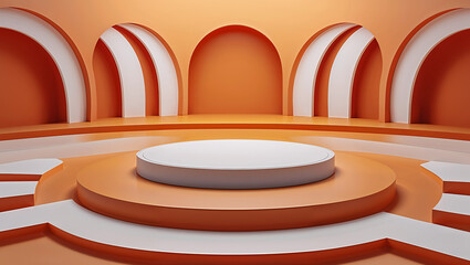 Obraz premium A serene minimalist stage bathed in warm, peachy light, featuring a circular platform and elegant archways creating a captivating display space.