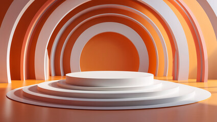 Obraz premium A vibrant stage bathed in warm sunlight, ready for a grand unveiling, with a tiered platform and orange archways creating a captivating backdrop.