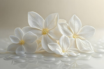 Delicate white flowers with yellow centers and water reflections
