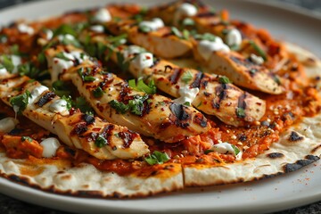 Naan Pizza fusion dish topped with grilled chicken, mozzarella swirl and chili flakes, plated