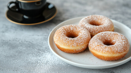 Drei Donuts mit Puderzucker und schwarzem Kaffee auf einem grauen Hintergrund