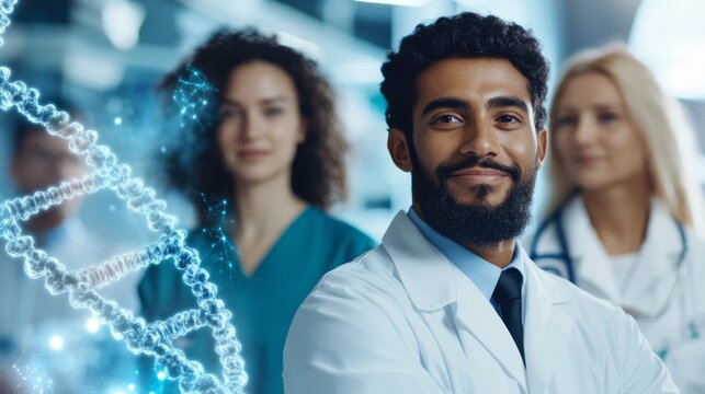 Doctors stand with dna model in the foreground