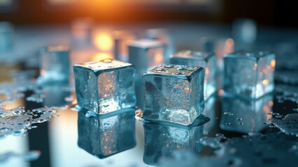 Fresh ice cubes melting on ornate metal tray with scattered crushed ice and water droplets	