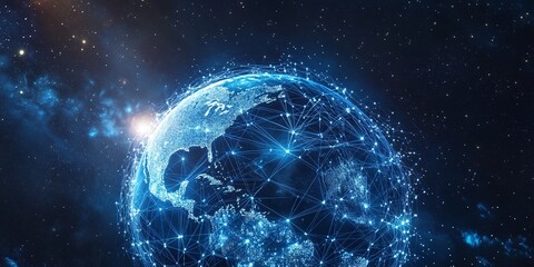 Obraz premium Global Network: A digital depiction of Earth enveloped in a web of interconnected data, visualizing global communication and technological advancement.