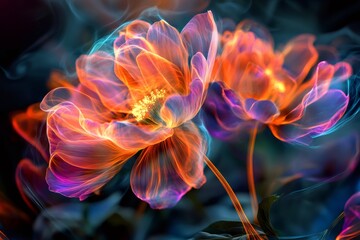 Vibrant neon flowers blooming, creating a mesmerizing display of color and light in digital art
